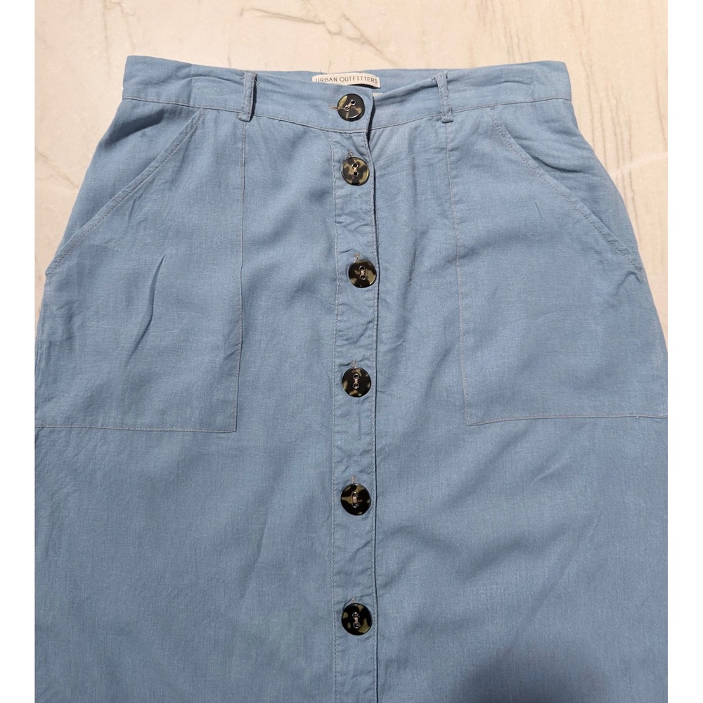 Urban Outfitters Blue Button Front Midi Skirt High Waist Pockets Slit Light Blue - Picture 4 of 13